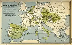 La carte représente les possessions de la dynastie Habsbourg dans l'Europe du XVIe siècle.