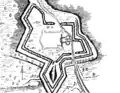 Estampe de William Woolnoth montrant le château du XIVe&nbsp;siècle, entouré des fortifications du XVIIe&nbsp;siècle à la Vauban. Les parties démolies figurent en pointillés, les parties subsistant en 1825 sont représentées en traits pleins épais.