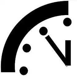 Pictogramme représentant un quart d'horloge, les aiguilles sur minuit mois cinq.