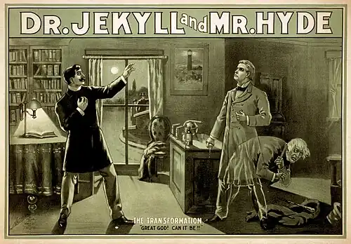 Affiche montrant la scène où le docteur se transforme en monstre sous le regard horrifié d'un autre homme.