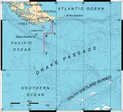 Carte du passage de Drake montrant les points A, B, C, D, E et F mentionnés dans le traité de Paix et d'Amitié entre l'Argentine et le Chili de 1984.
