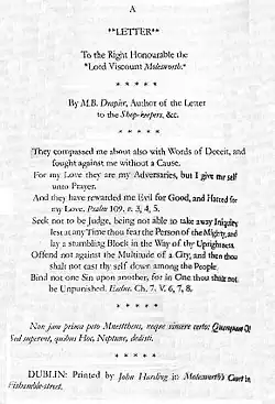 Un document intitulé « Une lettre au très honorable Lord Vicomte Molesworth » et contenant plusieurs extraits bibliques. Il porte les mêmes signature et imprimeur que précédemment.