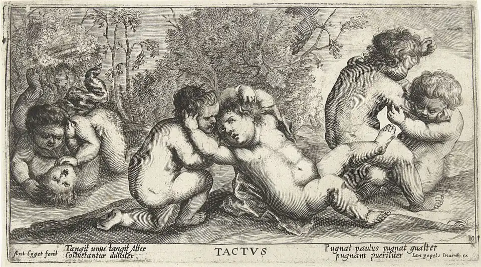Drie paar stoeiende naakte kinderen Tactvs (Tactus : Trois paires d'enfants nus se battant, ca. 1633 - 1663, Rijksmuseum Amsterdam).