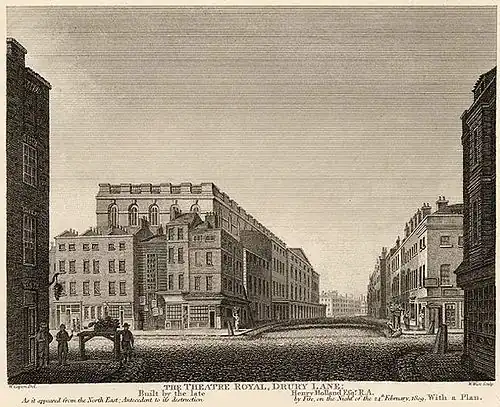 Gravure de 1811. On peut voir l'arrière du théâtre avec ses coulisses et l'entrée des artistes.