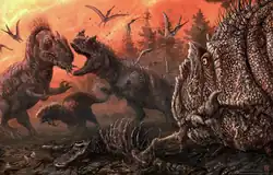Illustration montrant deux dinosaures entrain de se battre.