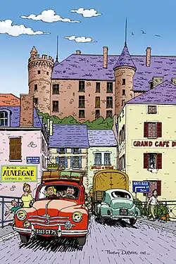 Évocation dessinée des embouteillages de la N 7 à Lapalisse dans l'Allier, par Thierry Dubois.