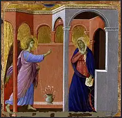 L'Annonciation. Duccio. 1308-11. Fragment de La Maestà de Sienne. Londres, National gallery