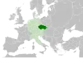 L'État tchèque au XIe&nbsp;siècle, en tant que duché de Bohême (en vert), au sein du Saint-Empire romain germanique (vert clair).