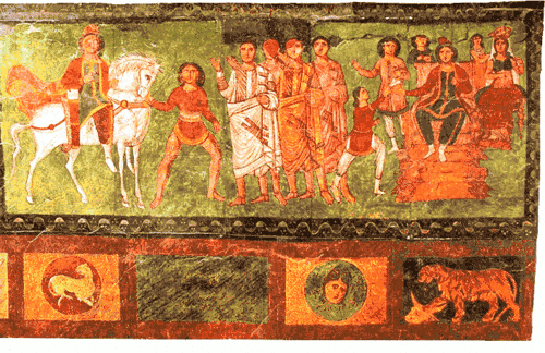 Fresque de Doura-Europos - Livre d'Esther, Haman conduisant Mardochée.
