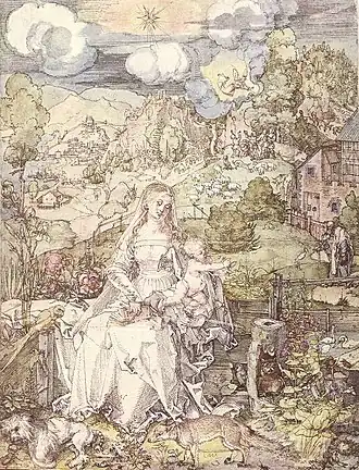 La Madone aux animaux, 1503, dessin à la plume, encre et aquarelle sur papier, 321&nbsp;×&nbsp;243&nbsp;mm, Vienne, Musée Albertina