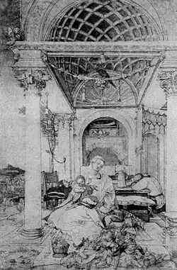 La Sainte Famille dans une galerie, 1509, 42,2&nbsp;×&nbsp;28,3&nbsp;cm, Bâle, Kunstmuseum, Öffentliche Kunstsammlung, Kupferstichkabinett.