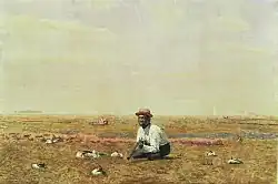 Tableau représentant un homme noir agenouillé dans un champ, avec un fusil à la main. Il est entouré d'oiseaux morts par terre.