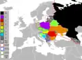 Membres du groupe d'Europe de l'Est colorés selon le temps qu'ils avaient passé au Conseil de sécurité à la date de  2010.