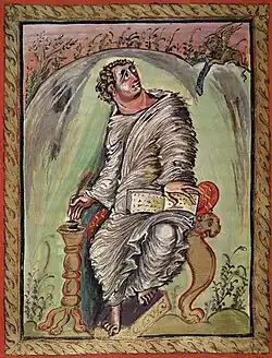 ... saint Marc tirés des Évangiles d'Ebbon. Figurine colorée au trait à Hautvillers par des artistes rassemblés et dirigés par Ebbon.