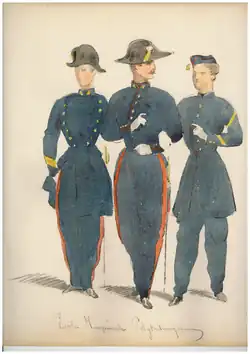 Aquarelle de polytechniciens en uniforme avec galons de sergent-major.