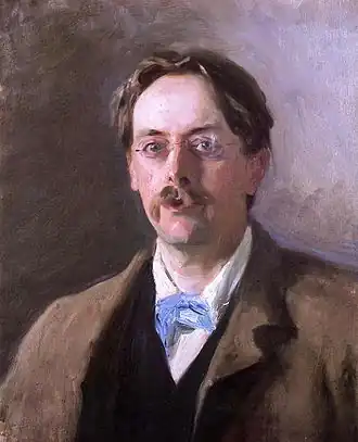 Peinture couleur en buste. Homme, environ 40 ans, allure dandy, grosse moustache, vêtements voyants.