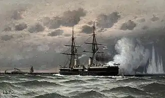 Le nouveau H.M.S. Inflexible en mer lors de ses essais (1880).