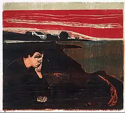 Edvard Munch, Soir. Mélancolie I, gravure sur bois, 1896 (41,1&nbsp;×&nbsp;55,7&nbsp;cm), Musée Munch, Oslo.