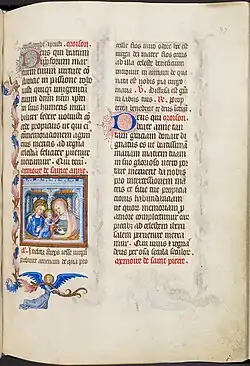 Page d'un livre enluminé comprenant un encadré illustré qui représente deux femmes et un enfant.