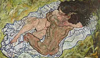 Peinture montrant sur un drap froissé une femme de face genoux pliés, tenant embrassé un homme accroupi de dos