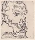Dessin d'une tête d'homme âgé de trois-quarts face, rides, cheveux, barbe géométrisés par des hachures ou des bouclettes