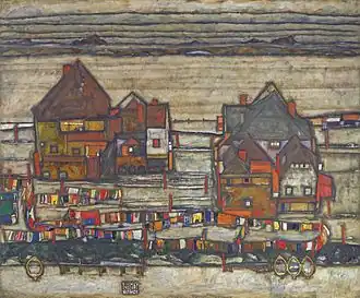 Peinture montrant sous un ciel stratifié deux groupes de maison avec devant du linge sur des cordes