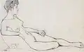 Dessin d'une femme à demi-allongée de trois-quarts face, une jambe repliée, visage de profil aux yeux clos