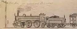 Dessin d'une locomotive fumante tirant un wagon coupé à droite par le bord de la page