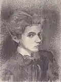 Dessin en buste et trois-quarts face d'un garçon aux cheveux épais, en veste et lavallière sombres et col blanc