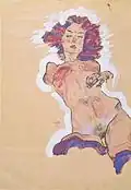 Portrait d'une femme nue allongée vers l'arrière, une main sur le torse mais comme privée de bras et de jambes