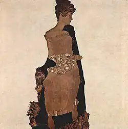 Portrait aux tons neutres d'une femme assise de face, tête de profil, silhouette simplifiée