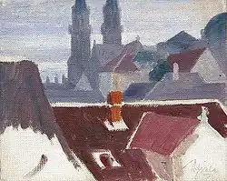 Peinture montrant des toits de maison avec deux tours d'église au fond