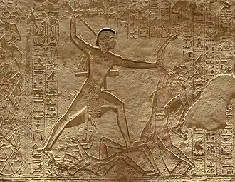 Ramsès&nbsp;II tuant un chef libyen. Abou Simbel