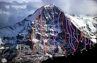 de 1970 à 1988 : 7= Directe du pilier ouest8= Voie tchèque 9= Voie tchèque II 10= Les Portes du Chaos 11= Westgrat (direct, 30 juillet 1980), 12= Nordverschneidung 13= Voie Knez14= Voie Ochsner-Brunner 15= Directissime idéale 16= Spit verdonesque édenté 17= Directissime Piola-Ghilini 18= Hiebeler-Gedächtnisweg 19= Voie slovène 20= Eigersanction 21= Gelber Engel 22= Löcherspiel
