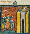 Miniature représentant des hommes d'arme au sommet d'une tour, et brandissant une bannière fleurdelisée.