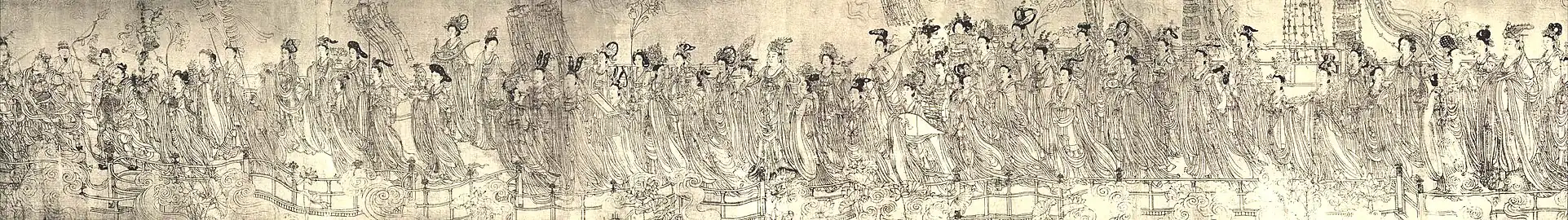 Les Cinq Empereurs rendant hommage à l'Origine, sujet Tang repris sous les Song ? rouleau horizontal encre sur soie. 58&nbsp;×&nbsp;177&nbsp;cm. Collection particulière. (repr Lesbre 2004 p.&nbsp;230)