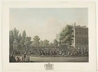 La cavalerie lors de l'entrée solennelle de Guillaume&nbsp;Ier à Bruxelles le 21 septembre 1815, gravure de Denis-Sébastien Leroy, 1825.