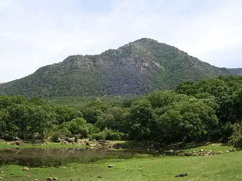 Paysage de Los Alcornocales&nbsp;(es) : le Picacho au nord de la commune, vu depuis la "Laguna de El Picacho".
