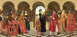 The Forerunner o La corte di Ludovico il Moro. Eleanor Fortescue-Brickdale. À gauche, on reconnaît la duchesse Béatrice, à qui un courtisan lui chuchote quelque chose à l'oreille ; entre Savonarole, Cecilia Gallerani et Elisabetta Gonzaga; une page embrasse également un petit singe, un hommage à celui que possédaient réellement les ducs. À droite Léonard de Vinci montre son modèle de machine volante au duc Ludovico ; quelques courtisans et le petit blond Ercole Massimiliano regardaient amusés.