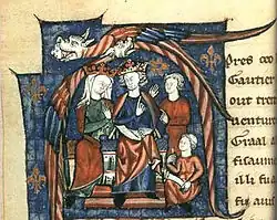 Enluminure d'un homme et d'une femme couronnés assis.