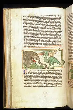 Elephant et dragon, face à face. Le dragon crache du feu. XIIIe&nbsp;siècle