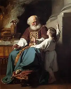 tableau représentant un vieil homme assis, richement vêtu, avec près de lui un jeune garçon qui pointe le doigt vers le ciel.