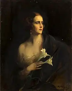Tableau d'une jeune femme de profil tenant des fleurs.