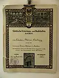 Certificat de natation décerné à Mademoiselle Mimi Hertzog en 1926 ; durée de l'épreuve : 60 minutes.