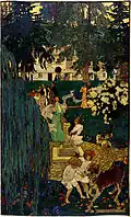 Life was made for love and cheer d'Elizabeth Shippen Green, représentant l'artiste elle-même entourée de Jessie Willcox Smith, Violet Oakley et d'autres amis (1904).