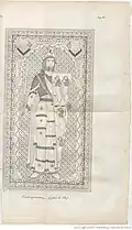 Dessin en noir et blanc montrant un noble debout armé d'une épée dressée et d'un bouclier avec un décor de losanges, de lignes verticales et de courbes autour, sans inscription