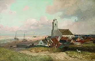 Représentation en couleurs d'une bourgade et de son front de mer.