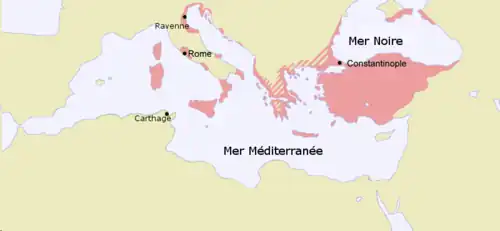 Carte montrant l'extension territoriale de l'Empire byzantin au début du VIIIe siècle.