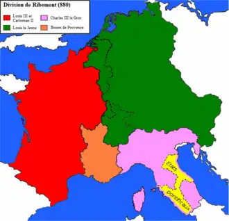 Traité de Ribemont (880) : pour lutter plus efficacement contre Boson de Provence, Louis&nbsp;III de France et Carloman&nbsp;II accordent la totalité de la Lotharingie à Louis&nbsp;III le Jeune en échange de sa neutralité dans le conflit.