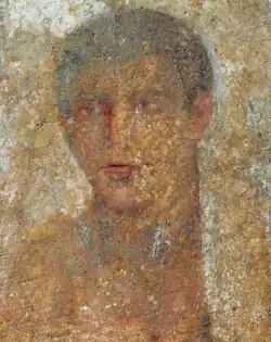 Peinture à l'encaustique sur pierre tombale en marbre. Portrait d'un jeune homme nommé Théodoros. Ier&nbsp;siècle&nbsp;av. J.-C..